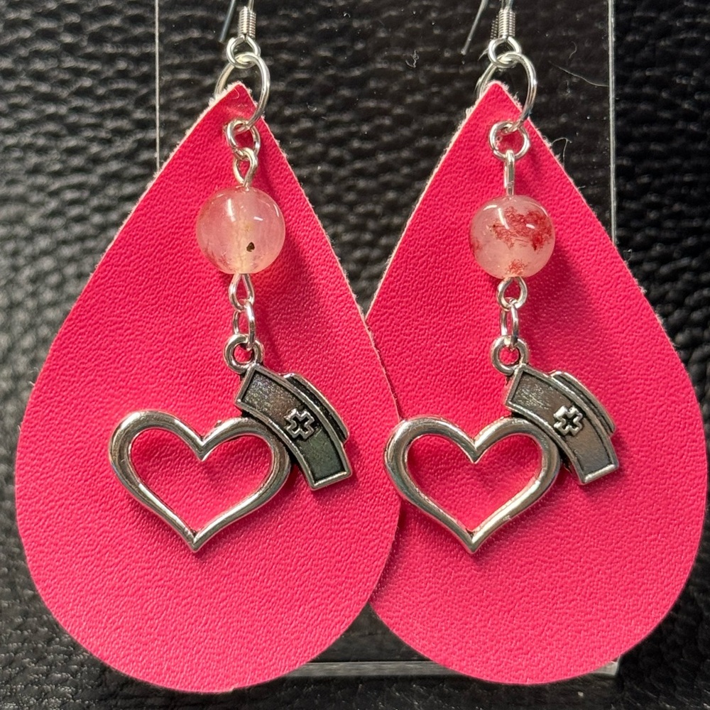 Handmade pink nurse faux leather earrings